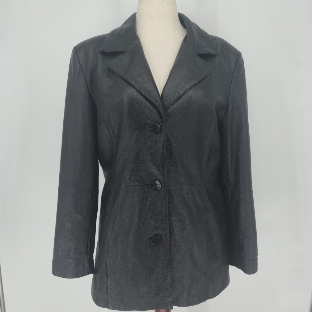 Wilsons Leather Womens Black Genuine Leather Blazer Jacket 3 Button Classic VTG